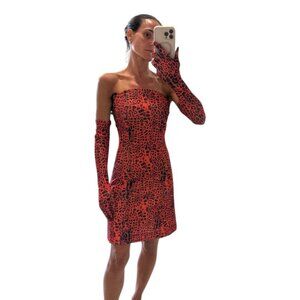 Miscreants Size XS Cupid Strapless Mini Dress Opera Gloves In Red Leopard Print